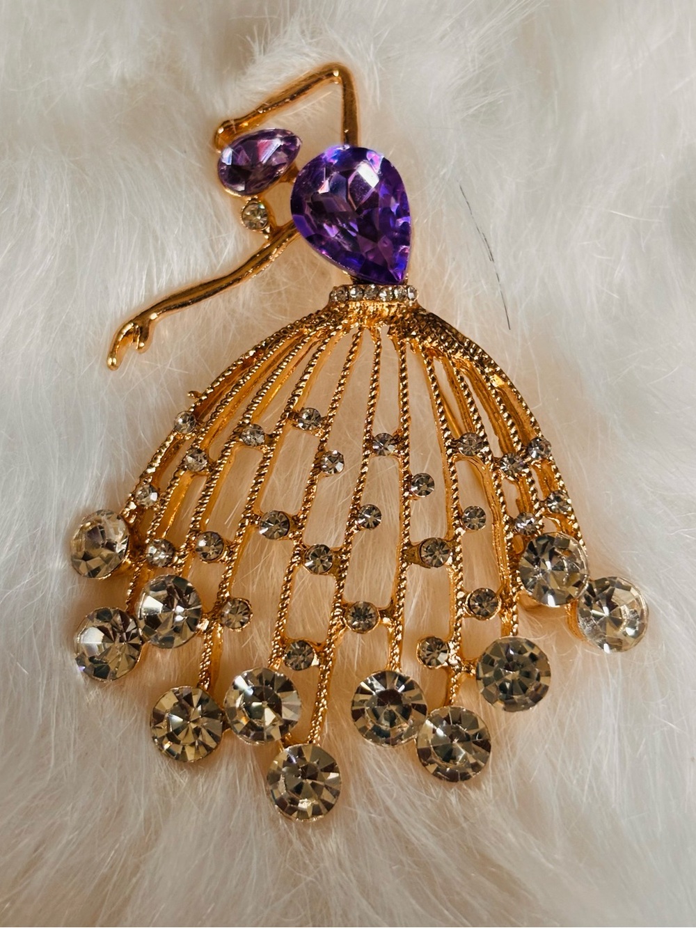 Gold Tone Dancing Lady Rhinestone Brooch – Purple Crystal Dress